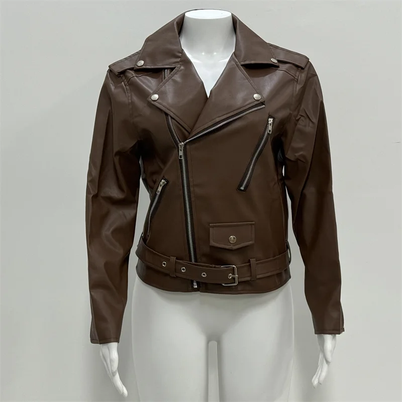 Imitation Leather Women Slim Sashes Casual Biker Jackets Outwear Female Tops BF Style Black Leather Jacket Coat