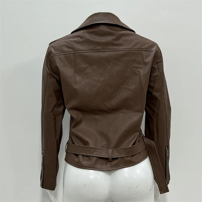 Imitation Leather Women Slim Sashes Casual Biker Jackets Outwear Female Tops BF Style Black Leather Jacket Coat