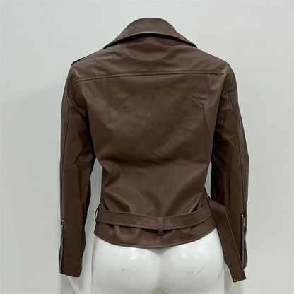 Imitation Leather Women Slim Sashes Casual Biker Jackets Outwear Female Tops BF Style Black Leather Jacket Coat