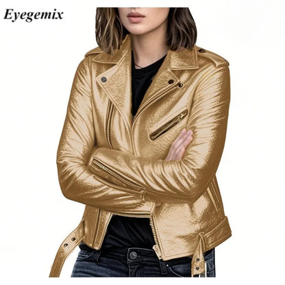 Fitaylor Spring Autumn Women PU Leather Jacket Casual Lady Windproof Motorcycle Leather Coat Plus Size S-5XL