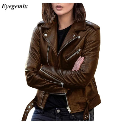 Fitaylor Spring Autumn Women PU Leather Jacket Casual Lady Windproof Motorcycle Leather Coat Plus Size S-5XL
