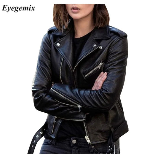 Fitaylor Spring Autumn Women PU Leather Jacket Casual Lady Windproof Motorcycle Leather Coat Plus Size S-5XL