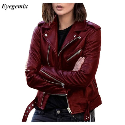 Fitaylor Spring Autumn Women PU Leather Jacket Casual Lady Windproof Motorcycle Leather Coat Plus Size S-5XL