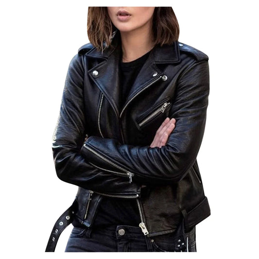 Imitation Leather Women Slim Sashes Casual Biker Jackets Outwear Female Tops BF Style Black Leather Jacket Coat