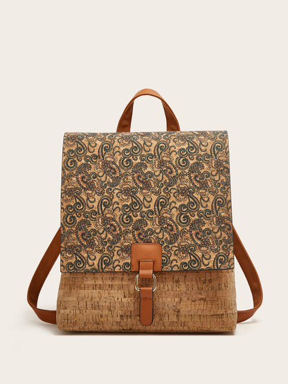 Cross-Border New Model 2026 Fashion Retro Printed Bark Cork Flip-Top Backpack Women's Large Capacity Backpack