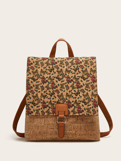 Cross-Border New Model 2026 Fashion Retro Printed Bark Cork Flip-Top Backpack Women's Large Capacity Backpack