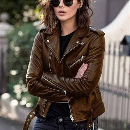 Women's Solid Color Fashion Fake Leather Jacket Long Sleeved Zippered  PU Motor Biker Jacket
