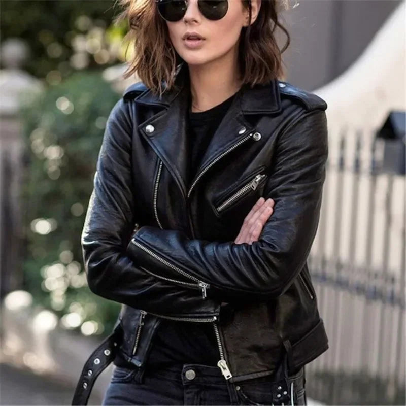 Women's Solid Color Fashion Fake Leather Jacket Long Sleeved Zippered  PU Motor Biker Jacket