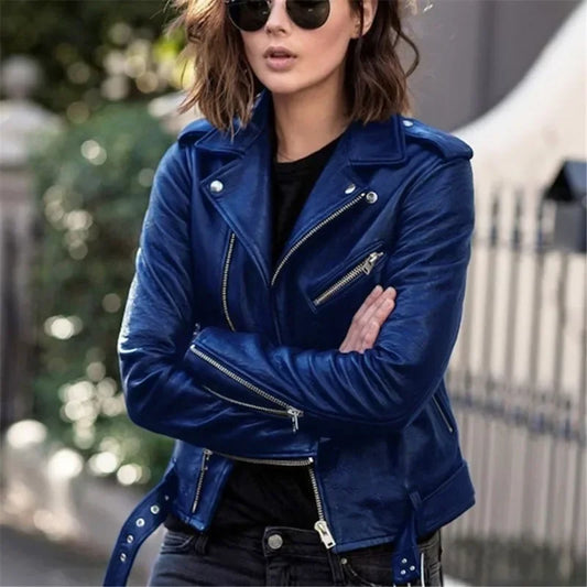 Women's Solid Color Fashion Fake Leather Jacket Long Sleeved Zippered  PU Motor Biker Jacket